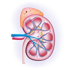 3D illustration, cross-section of human kidney and adrenal glands used in medicine, science, education, industry and commerce.