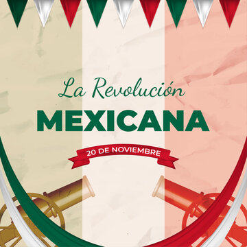 Decorative La Revoluci&oacute;n Mexicana Greeting in Old Paper Style with Realistic Flags, cannons and Ribbons