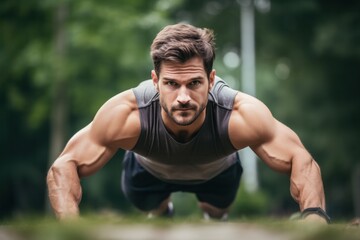 gandsome sport athlete man doing pushups in the park blurry background, functional training outdoors, healthy lifestyle concept