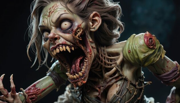 Scary female zombie in torn clothes with flesh wounds isolated on a black background cartoon style Halloween woman illustration