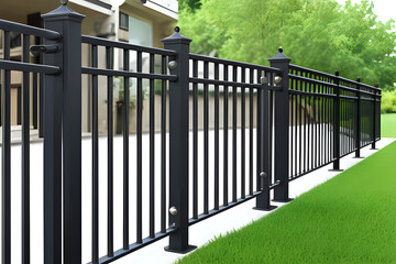 Outdoor barrier made of black iron railing. Black railing in the house yard