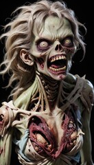Scary female zombie in torn clothes with flesh wounds isolated on a black background cartoon style Halloween woman illustration