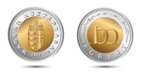 Reverse and obverse of Hungary coin, one hundred forint, isolated in white background. Vector illustration.