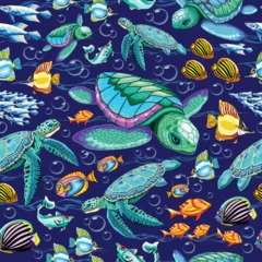 Foto op Plexiglas Draw Sea Turtles Marine Life, fishes and Water Bubbles Vector Seamless Repeat Textile Pattern Design