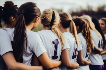 High school female soccer team players in a group. - Powered by Adobe