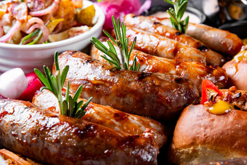 Set with various meat Bavarian, Frankfurt, German grilled sausages, Oktoberfest food
