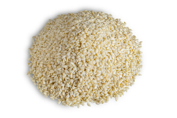 High angle view pile of white sesame isolated on white background with clipping path.