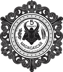 Madagascar coin 5 francs with vintage frame vector design.