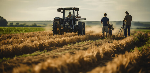 farmer and tractor in field - obrazy, fototapety, plakaty