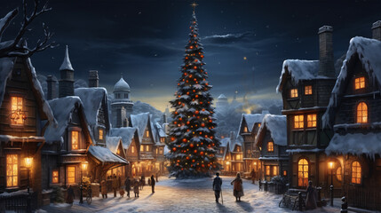 Christmas village with Christmas tree. Winter snowy small cozy street with lights in houses. Winter holidays night time backdrop. Merry Christmas vintage retro illustration background.