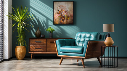 Mid Century Modern Living Room with Turquoise Lounge Chair and Wooden Chest