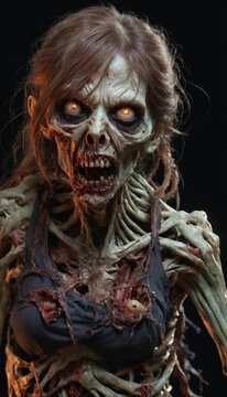 Scary female zombie in torn clothes with flesh wounds isolated on a black background photo realistic style Halloween woman illustration