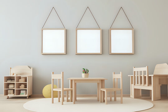Three hanging mockup frame in children room with natural wooden furniture, 3D render