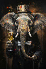 Graffiti-inspired portrait of a festive elephant in dark black and gold, wearing a party hat and holding champagne, set against a carnivalesque urban decay backdrop.