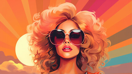 Ilustra&ccedil;&atilde;o do estilo dos anos 70 com vibra&ccedil;&otilde;es de ver&atilde;o com garota fitness no p&ocirc;r do sol