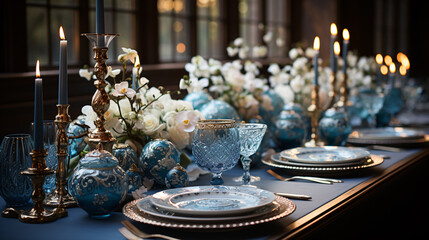 Fototapeta na wymiar winter table settings for christmas event, dinner gala and charity dinner
