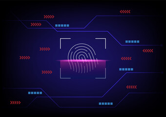 Cyber security and cyber crime concept. Scanning electronic thumb fingerprint on futuristic technology abstract background. Digital protection data. Hacker protection.