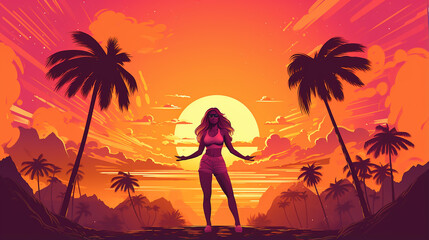 Ilustração do estilo dos anos 70 com vibrações de verão com garota fitness no pôr do sol