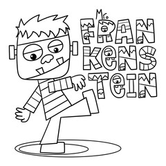 Illustration in black and white of Frankenstein's monster walking and some monstrous letters with his name, Halloween drawing, coloring page