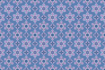 Abstract geometric seamless pattern with Thai flower style in pink purple n blue on blue background.Vector illustration.For casual shirt lady dress textile cover wallpaper decoration all over print 