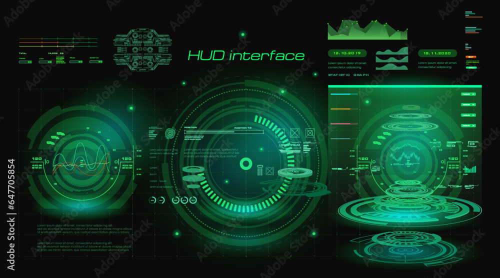 Poster futuristic green hud interface. custom panel with green hologram, portals and object scanning radar.