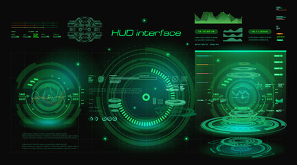 Futuristic green HUD interface. Custom panel with green hologram, portals and object scanning radar. Virtual graphical interface for gamers. Virtual dashboard or green target HUD