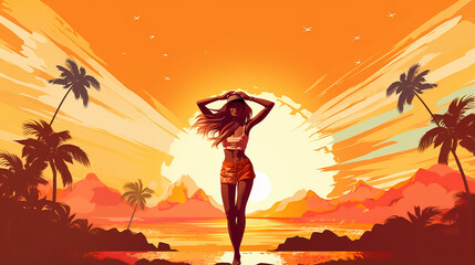 Ilustração do estilo dos anos 70 com vibrações de verão com garota fitness no pôr do sol