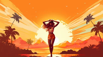 Foto auf Glas Ilustração do estilo dos anos 70 com vibrações de verão com garota fitness no pôr do sol © Alexandre