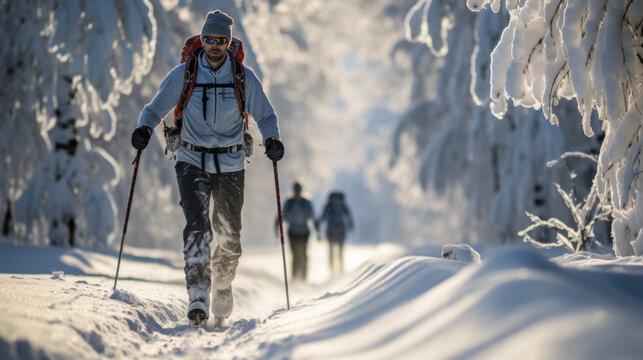 Hikers Walk Through The Forest In Winter