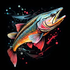 Foto op Canvas Colorful poster with fish pike in vector design style isolated on black background © Oksana