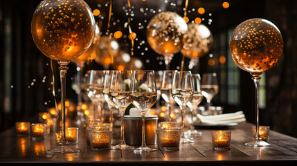 Glamorous New Year's Eve party setup complete with confetti-filled balloons and champagne glasses ready to toast to new beginnings.