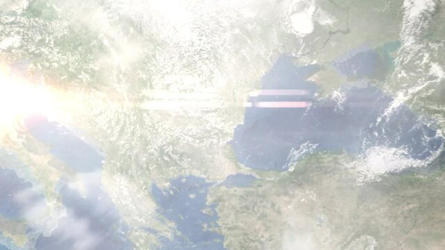 Zoom in from space and focus on Novi Pazar, Bulgaria. 3D Animation. Background for travel intro. Elements of this image furnished by NASA