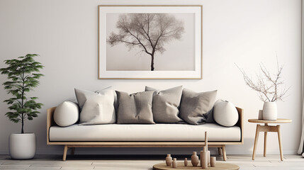 Framed photo on a white wall above a fancy gray sofa. 3D rendering interior design. Generative AI