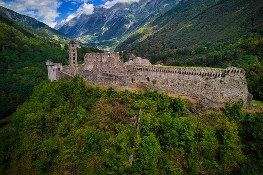 Medieval Castle by drone. Mesocco, Switzerland