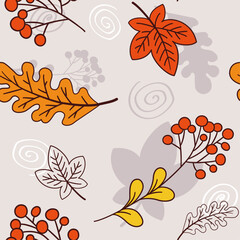 Vector seamless pattern with hand drawing colorful yellow, orange, red leaves, hand drawing repeating background.