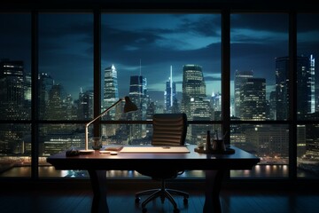 Desk with view of city skyline. Generative AI