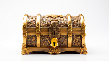 ba&uacute; pirata de tesouros e riquezas em fundo branco 