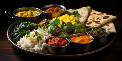 A variety of Indian dishes, including curry, butter chicken, rice, lentils, paneer, samosa, naan, chutney, and spices, beautifully arranged on a dark wooden background. - obrazy, fototapety, plakaty
