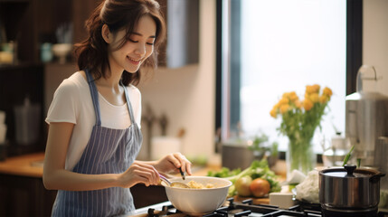A lovely Asian woman is cooking in the kitchen with a cheerful smile.