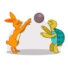 Tortoise and hare playing with a ball, vector illustration