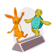 Tortoise and hare balancing on a beam, vector illustration
