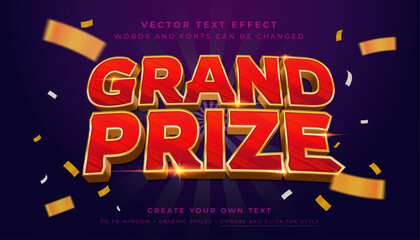 Vector Editable 3D shiny red gold text effect. Grand prize promotion graphic style on purple blue background