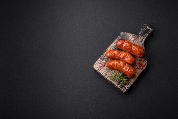 Delicious grilled chicken or pork sausages with salt, spices and herbs