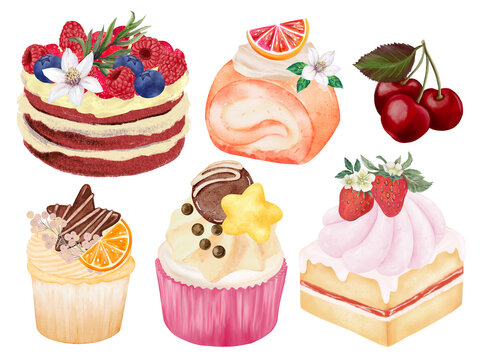 Watercolor illustration isolated elements dessert bakery sweet painting drawing