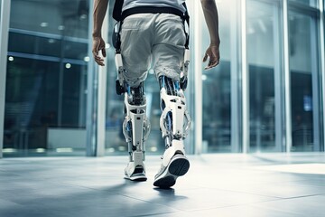 Legs of handicapped man walking up his futuristic bionic legs. Robotic bionic prosthesis.