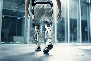 Fototapeta premium Legs of handicapped man walking up his futuristic bionic legs. Robotic bionic prosthesis.
