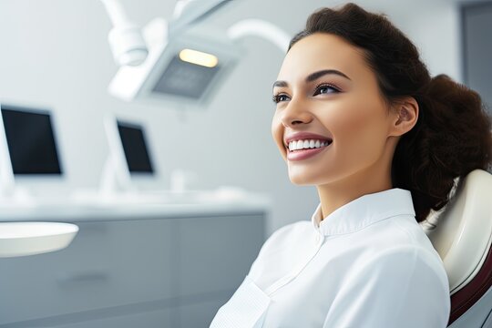Image of satisfied woman sitting in dental chair while professional doctor fixing her teeth