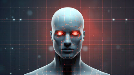 Artificial intelligence robot on dark red background futuristic illustration. Generative Ai