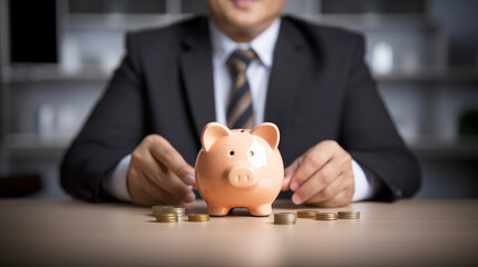 businessman putting coins into piggy bank close-up. Generative Ai