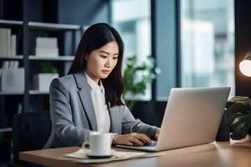 Asian woman employee officer working with her laptop computer in office. Businesswoman working at Cafe workspace, Generative AI